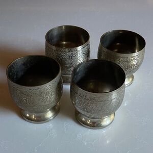 4 Indian Wedding Silver Tone Intricate Engraved Goblet Set